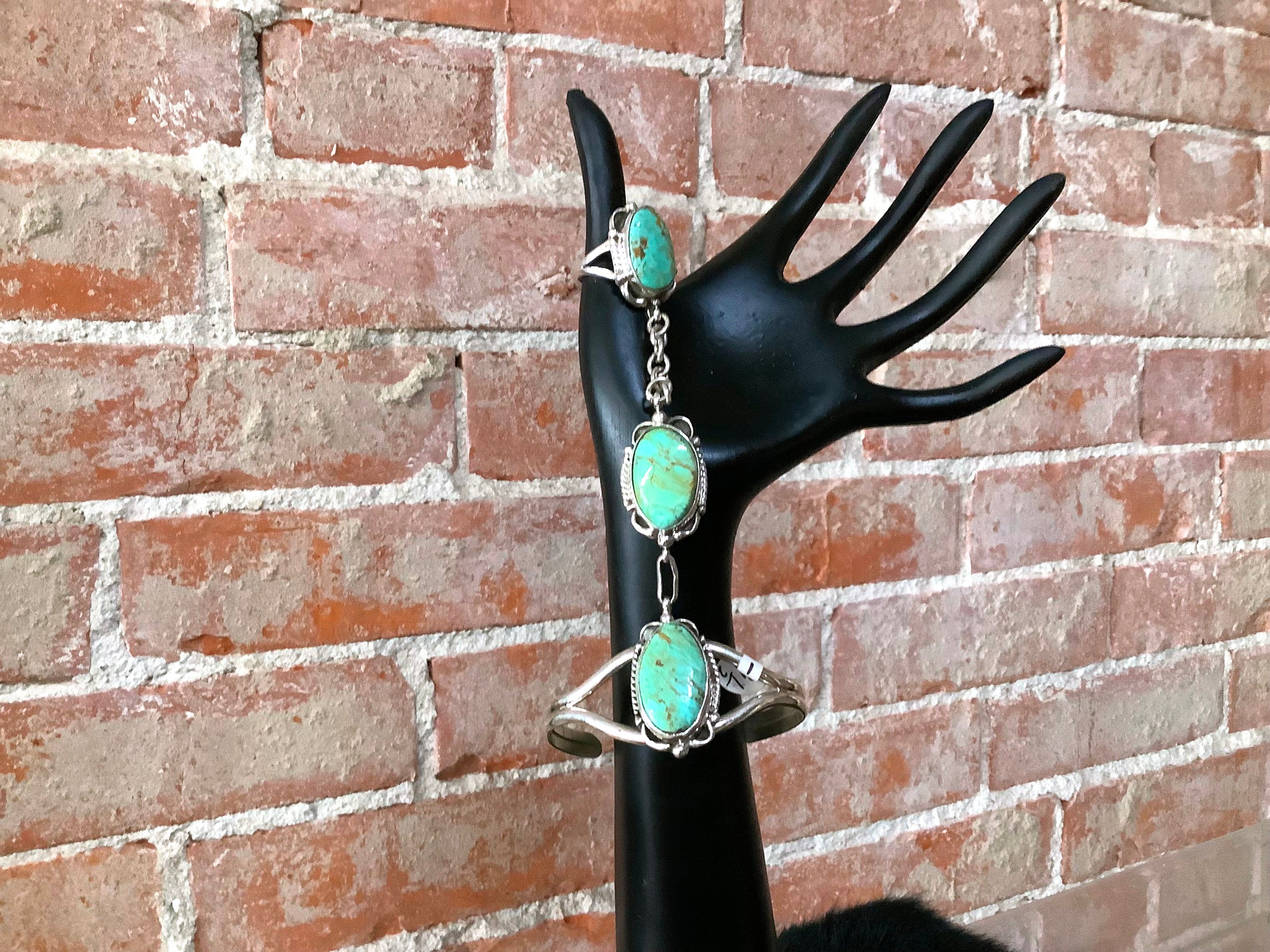 BR109* One of a Kind, Slave Bracelet w/Large Beautiful Turquoise,  Surrounded by Hand Tooled Silver. ring sz 9 | Oklahoma Native Art & Jewelry