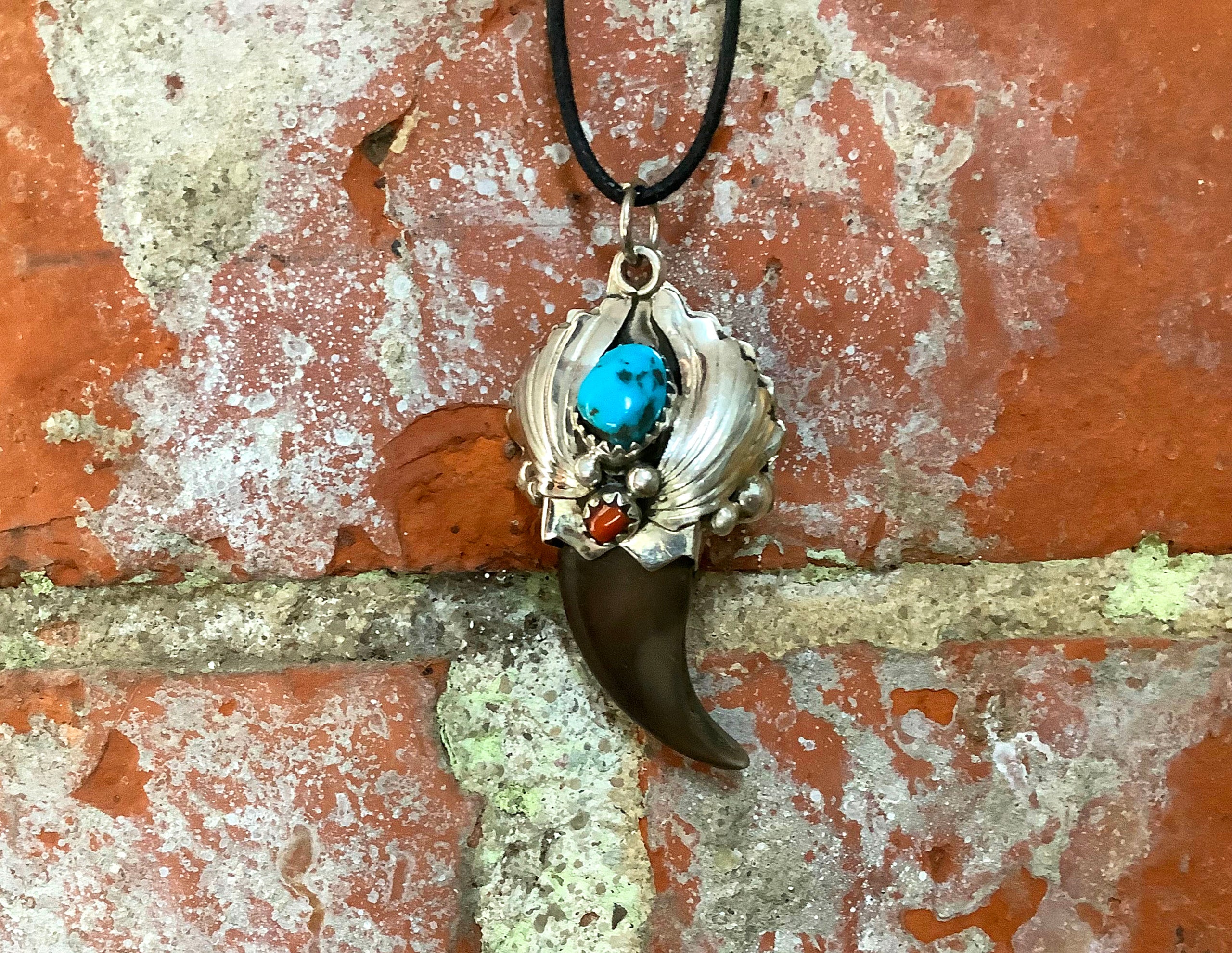 Turquoise Pendant in Sterling with Bear claw popular and coral